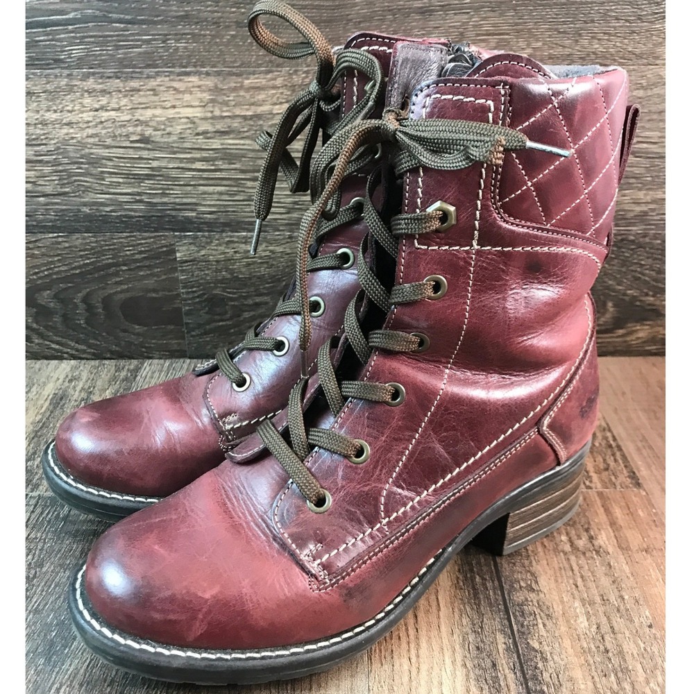 Taos Factor Dark Pink Leather Lace Up Combat Boots Faux Fur Lined Size 7.5 38 - Picture 2 of 16
